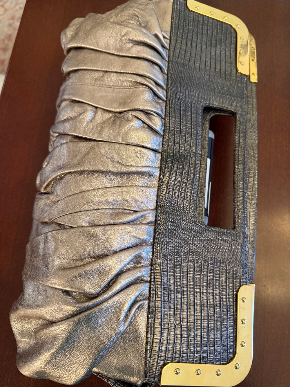 BCBGMaxAzria Metallic Pewter and Black Ruched Clutch with Gold Accents